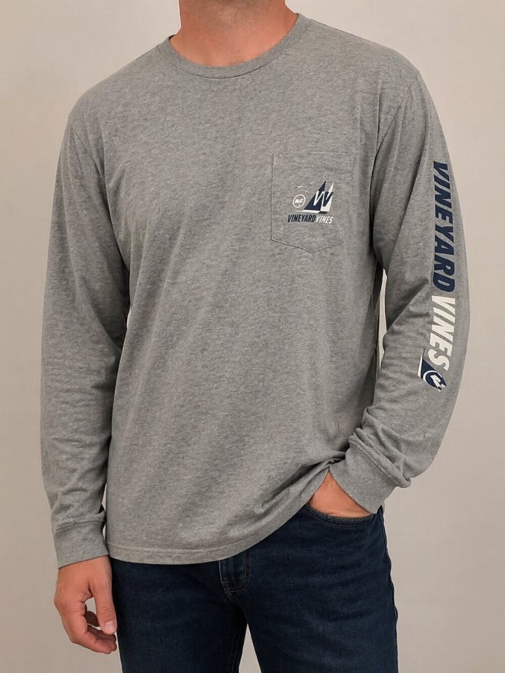 Vineyard Vines Long Sleeve Regatta Tee L Gray Pocket Logo Whale Shirt